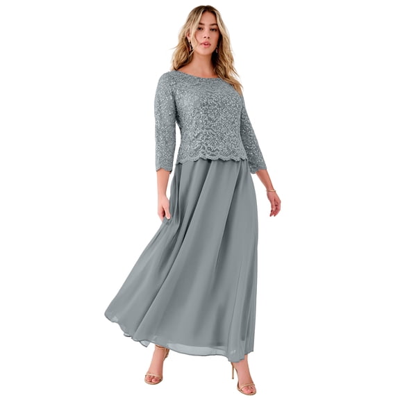 Roaman's Women's Plus Size Extended Plus Size Sequin Lace Three Quarter Sleeve A-Line Gown