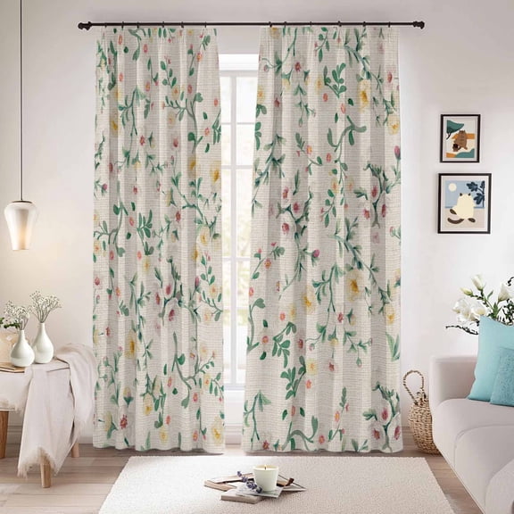 Spring Flowers Blackout Curtains for Bedroom/Living Room, Pinch Pleated Black Out Curtains, Yellow Pink Floral Leaves Vintage Country Plants Room Darkening Window Drapes with Hooks 2 Panels, 39"x70"