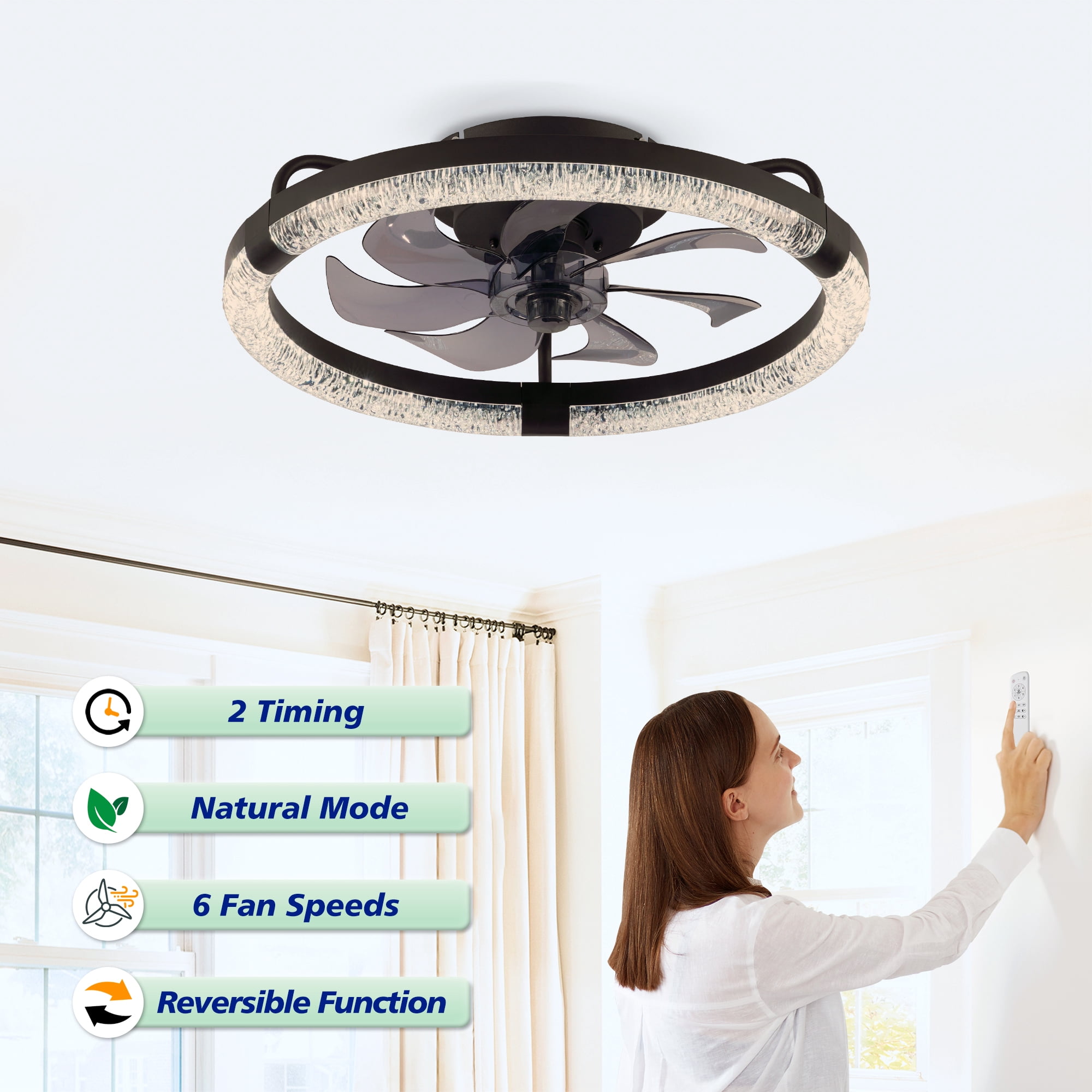 Leumius 20" Ceiling Fans with Light and Remote, 3000-6500K Dimmable Modern Flush Mount LED Fan Light, 6 Speeds, Quiet DC Motor for Living Room Bedroom Kitchen Matte Black