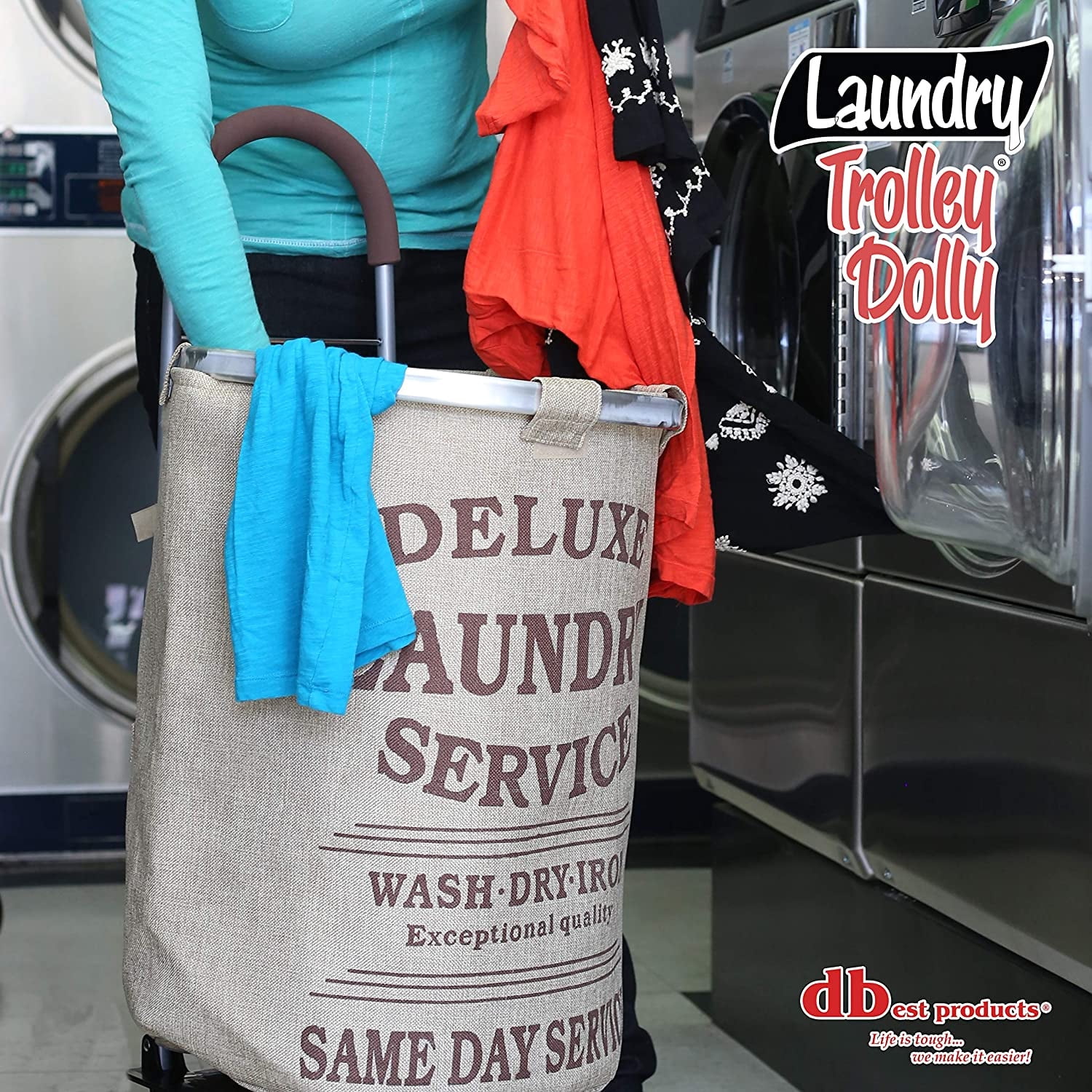 dbest products Laundry Trolley Dolly with Beige Hamper Bag and Wheeled Cart