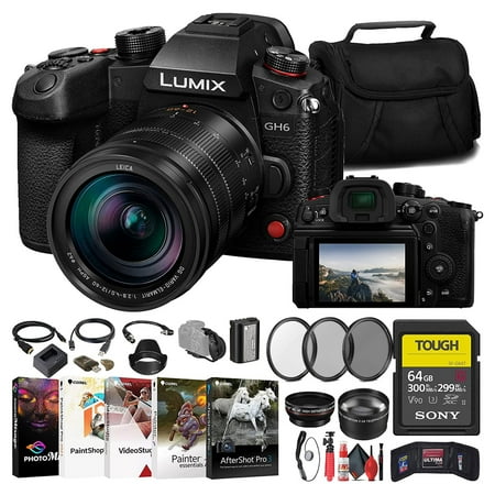 Panasonic Lumix GH6 Mirrorless Camera with 12-60mm f/2.8-4 Lens (DC-GH6LK) + Sony 64GB TOUGH SD Card + Filter Kit + Wide Angle Lens + Telephoto Lens + Lens Hood + Card Reader + More
