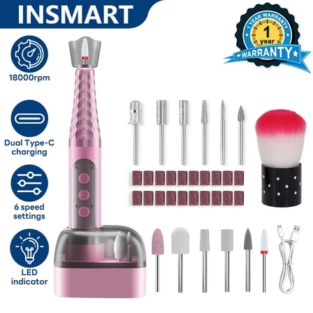 INSMART Cordless Nail Drill, 18000 RPM, 12 Heads, 6-Speed Electric Nail File with 500mAh Battery for Manicure Pedicure