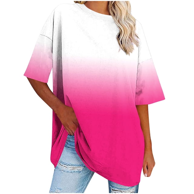cfhntfmh Hauts Grande Taille pour Femmes Été Tunique Ample à Col Rond Blouse à Manches Courtes Basique Tendance T-Shirts Dégradés