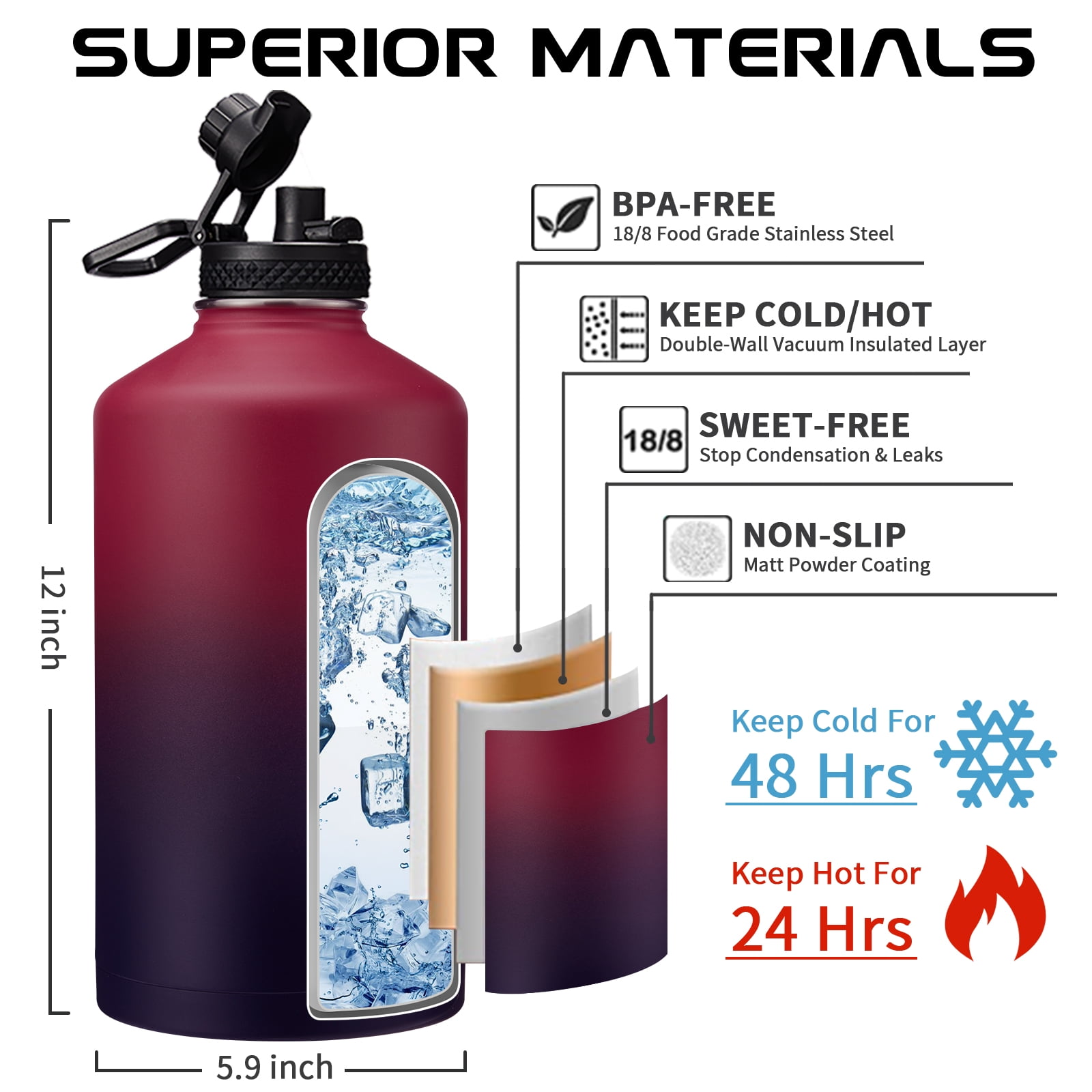 128oz Insulated Water Bottle Flask with Straw, Auto Spout Lids, Paracord Handle & Bottle Carrier, Vacuum 1 Gallon Stainless Steel Water Jug for Travel Hiking Camping Work