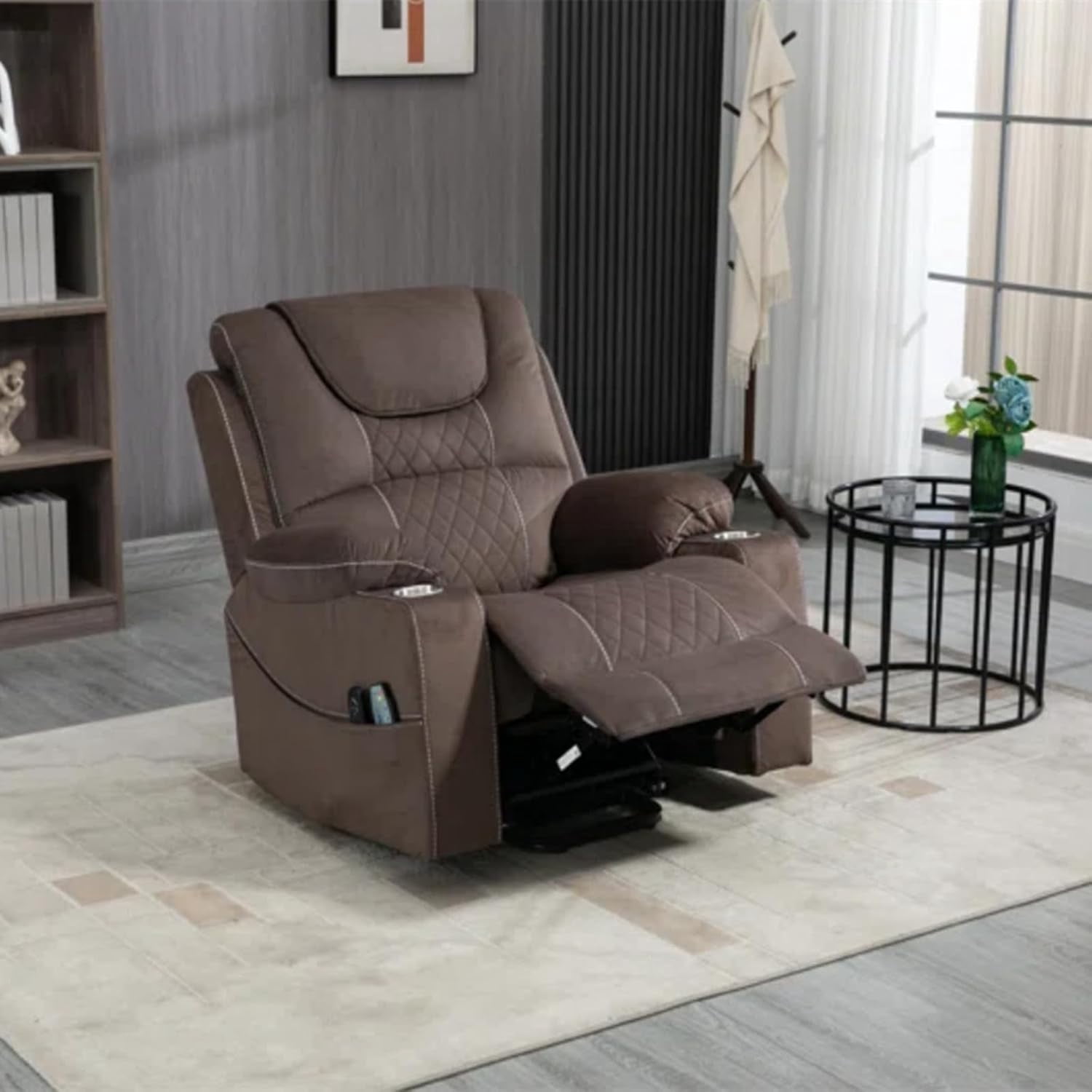 Recliner Lift Chairs for Elderly, HSUNNS 180 Degrees Lay Flat Recliner Chair with Heat and Massage and Cup Holder for Adults 400 lb Capacity (Velvet Brown)