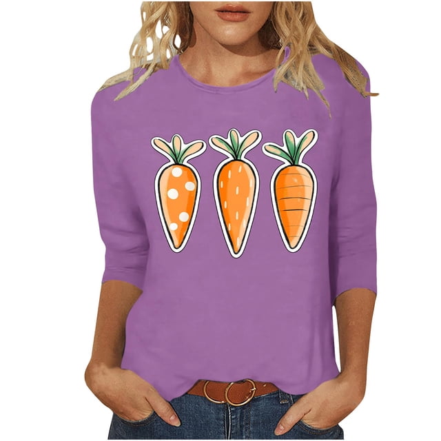 Hauts de Printemps pour Femmes 2025 Printemps/été Imprimé de Pâques Manches 3/4 Col Rond Blouse Décontractée