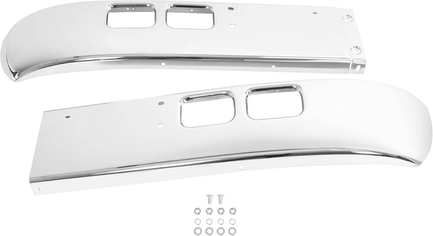 Kojem Front Bumper for 1989-2003 International 4600, 4700, 4800, 4900, 8100 W/Tow, Fog Light Cutouts, Slight Angle Back Steel Chrome Silvery