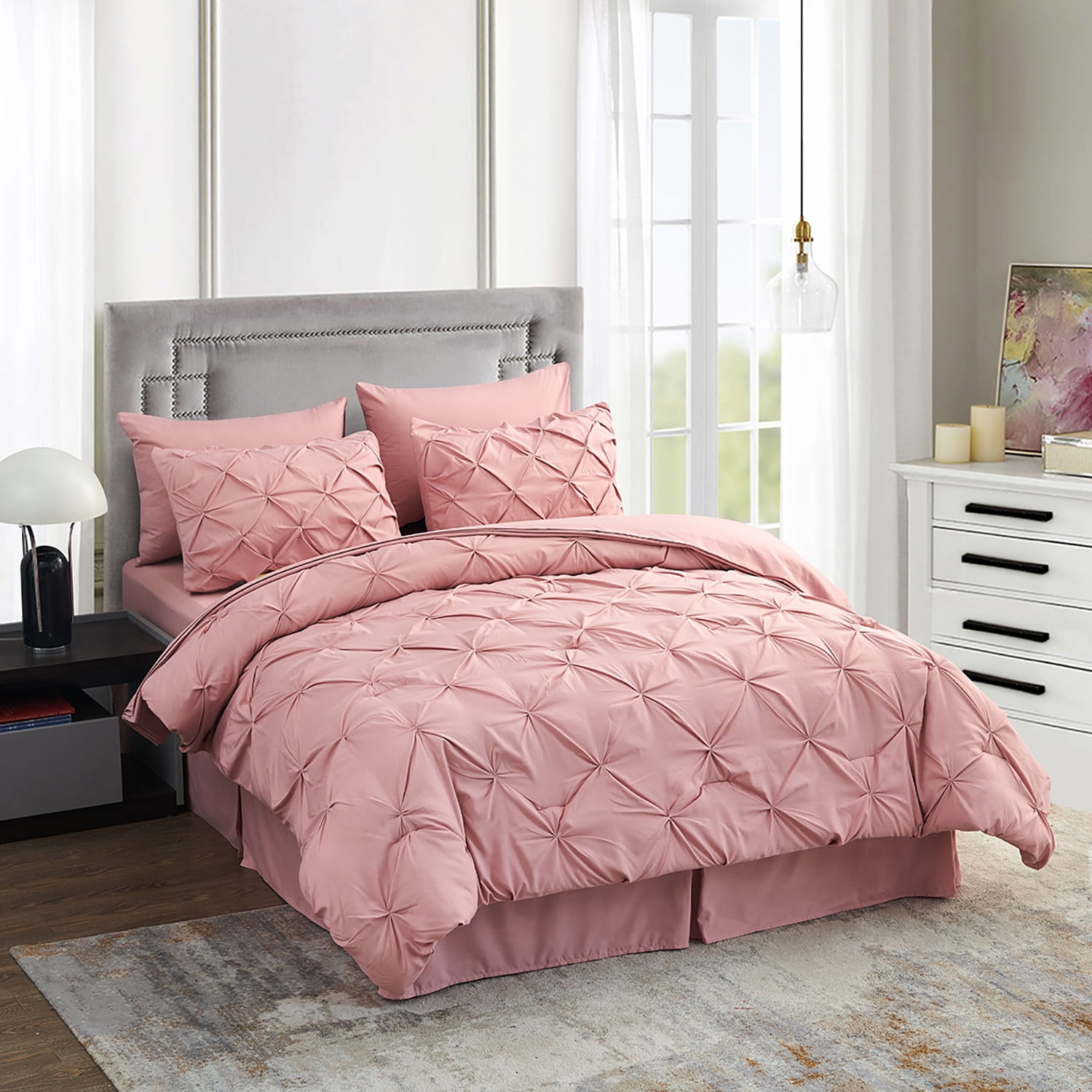 Rose/Pink 7 Piece Luxury Soft Microfiber Stripe Bedding Comforter Set,Cal King 