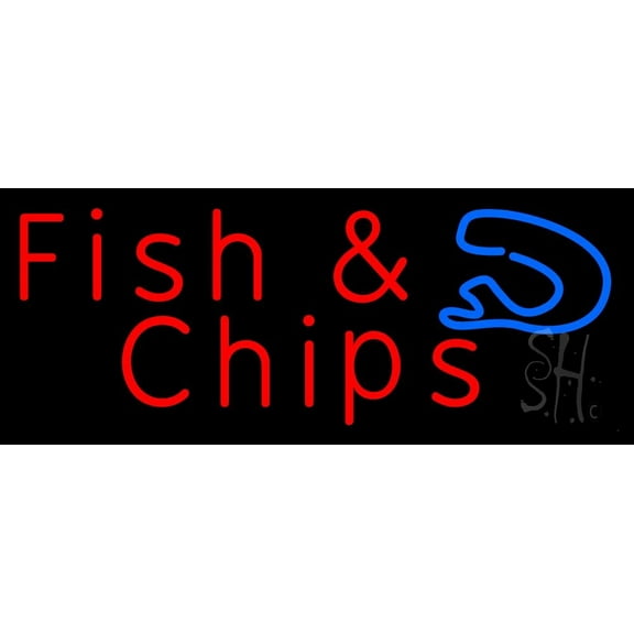 Red Fish and Chips Horizontal LED Neon Sign 13 x 32 - inches, Black Square Cut Acrylic Backing, with Dimmer - Bright and Premium built indoor LED Neon Sign for restaurant window and interior decor.