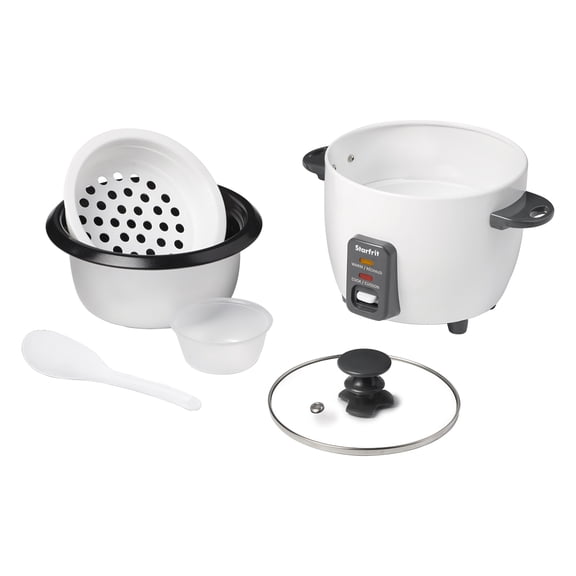 Starfrit 3-Cups Uncooked/6-Cups Cooked 300-Watt Electric Rice Cooker with Ceramic Coating, White