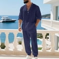 thumbnail image 3 of Men's Linen Casual Outfits Piece Solid Color Cuban Shirt and Pants Set Lightweight Beach Vacation Suit, 3 of 7