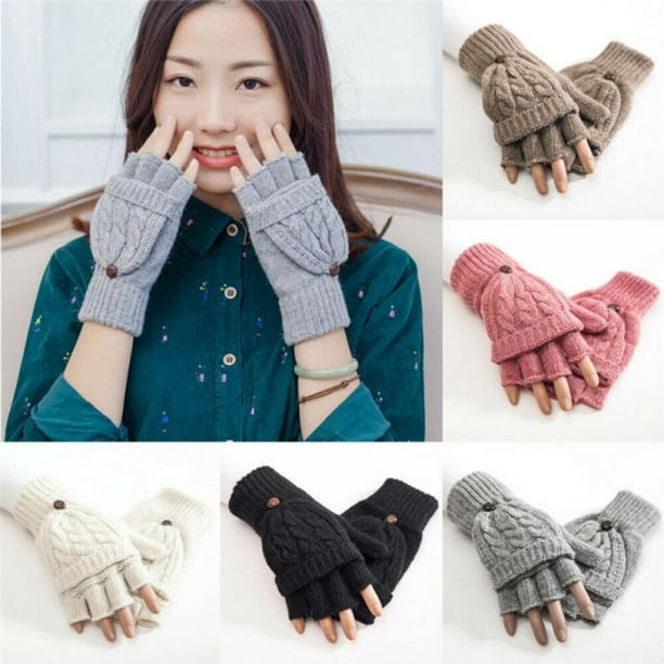 Winter Knitted Convertible Fingerless Gloves Wool Mittens Warm