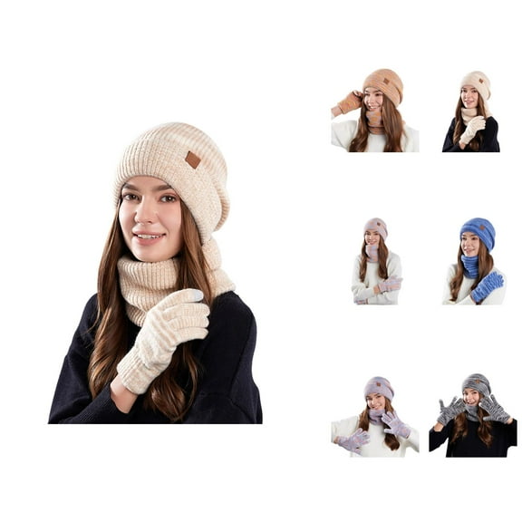 Women Knit Hat Scarf Gloves Set - Plush Beanie Neck Warmer Mittens, Winter Warm Stocking Stuffers, Christmas Gifts For Teen Girls And Women Fashion