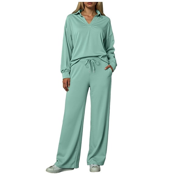 felwors Women's 2 Piece Lounge Sets Side Slit Outfits Wide Leg Tracksuit Comfy Loungewear Fashion Sweatsuit Light Green, M