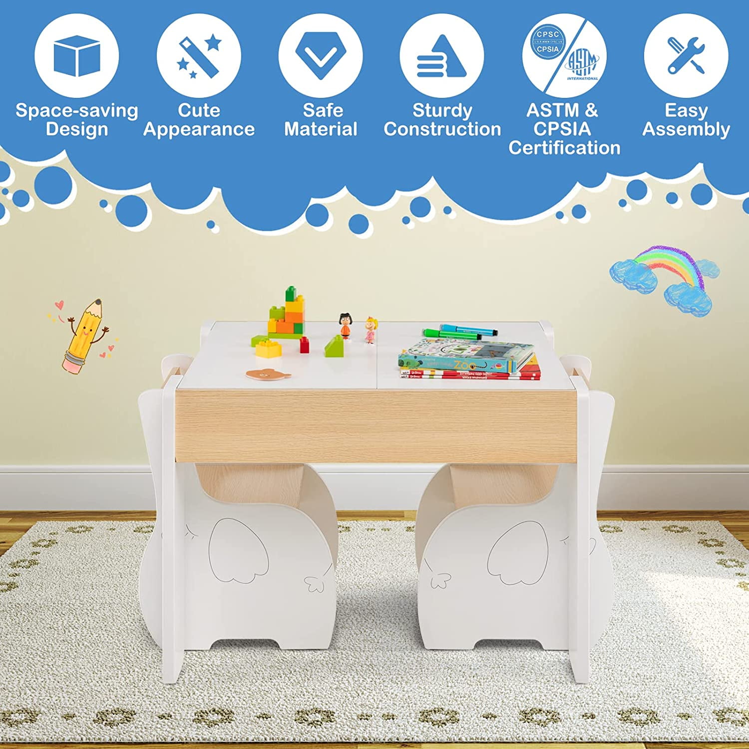 Kids Table and Chair Set, 4 in 1 Wooden Activity Table & 2 Chairs with Detachable Blackboard for Arts, Crafts, Drawing, Reading, Storage, 3 PCS Toddler Table and Chairs for Boys Girls (White)