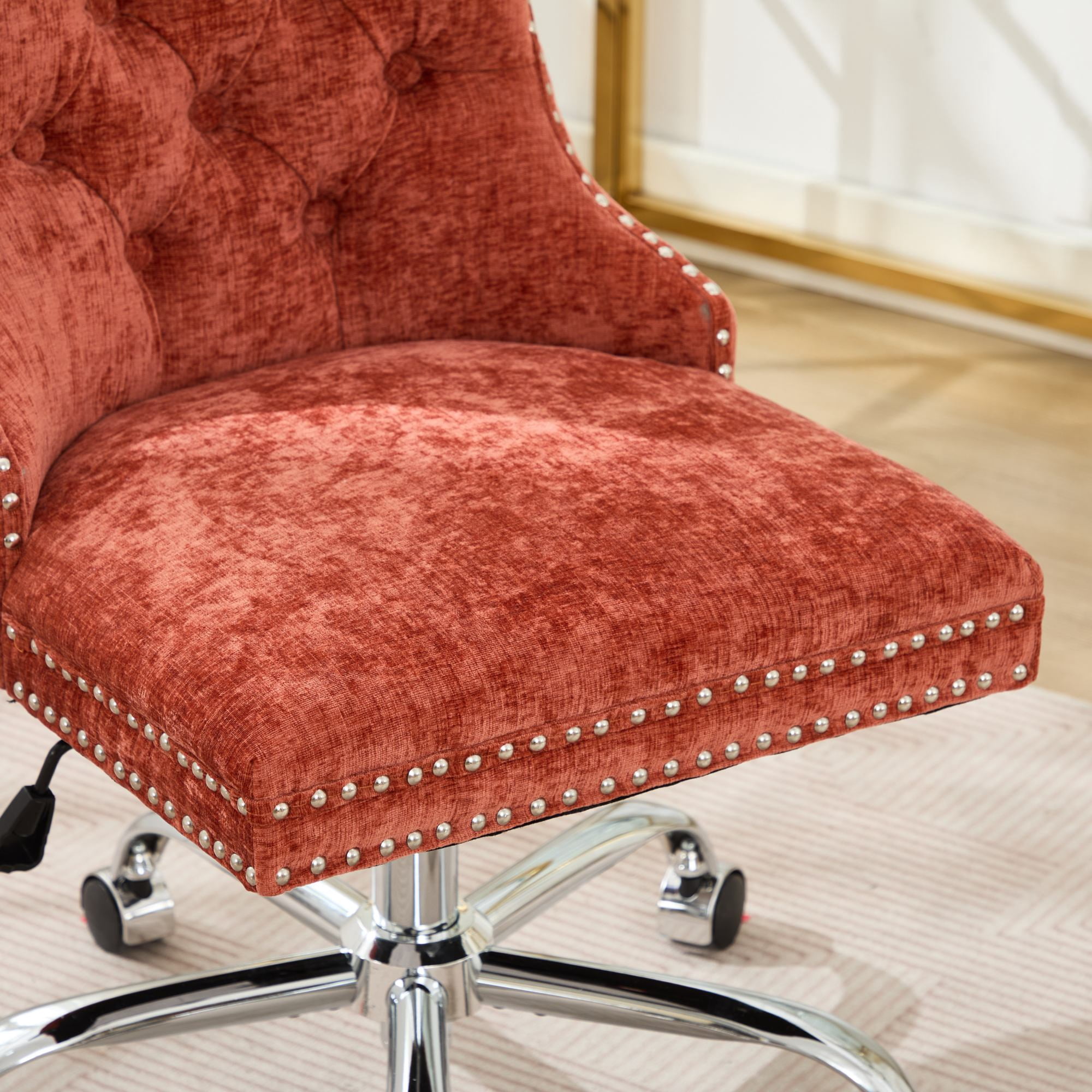 MAYEERTY Modern Chenille Office Chair - Tufted Buttons, Chrome Metal Base, Adjustable Swivel, Orange