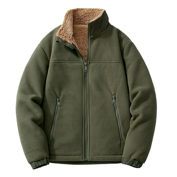 Yiliang Men's Solid Color Fleece Long Sleeved Stand Up Collar Drawstring Zipper Pocket Lambskin Jacket Jacket,Army Green,XL