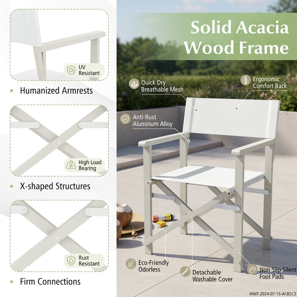 Hommoo Folding Director Chair, Off-White Oxford Fabric & Solid Acacia Wood Frame, Lightweight Outdoor Patio Chair with Machine-Washable Seat, Beige