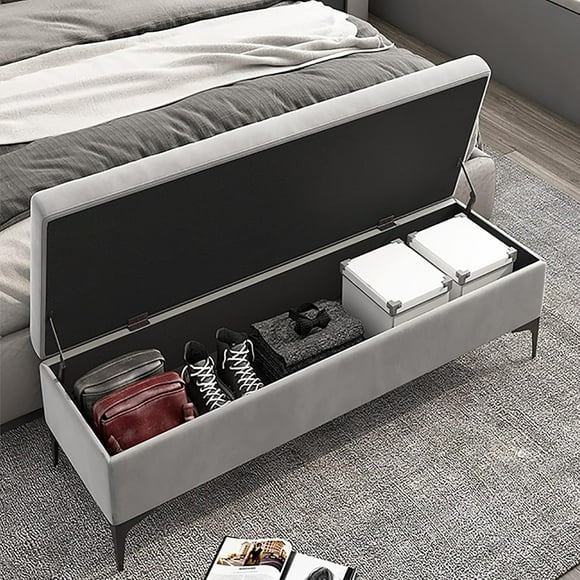 Storage Bench,Storage Bench Velvet Upholstered End of Bed Bench,Premium Storage Chest Bedroom Bench with Storage,No Need to Assemble-Light Gray 60x40x43cm(24x16x17inch)