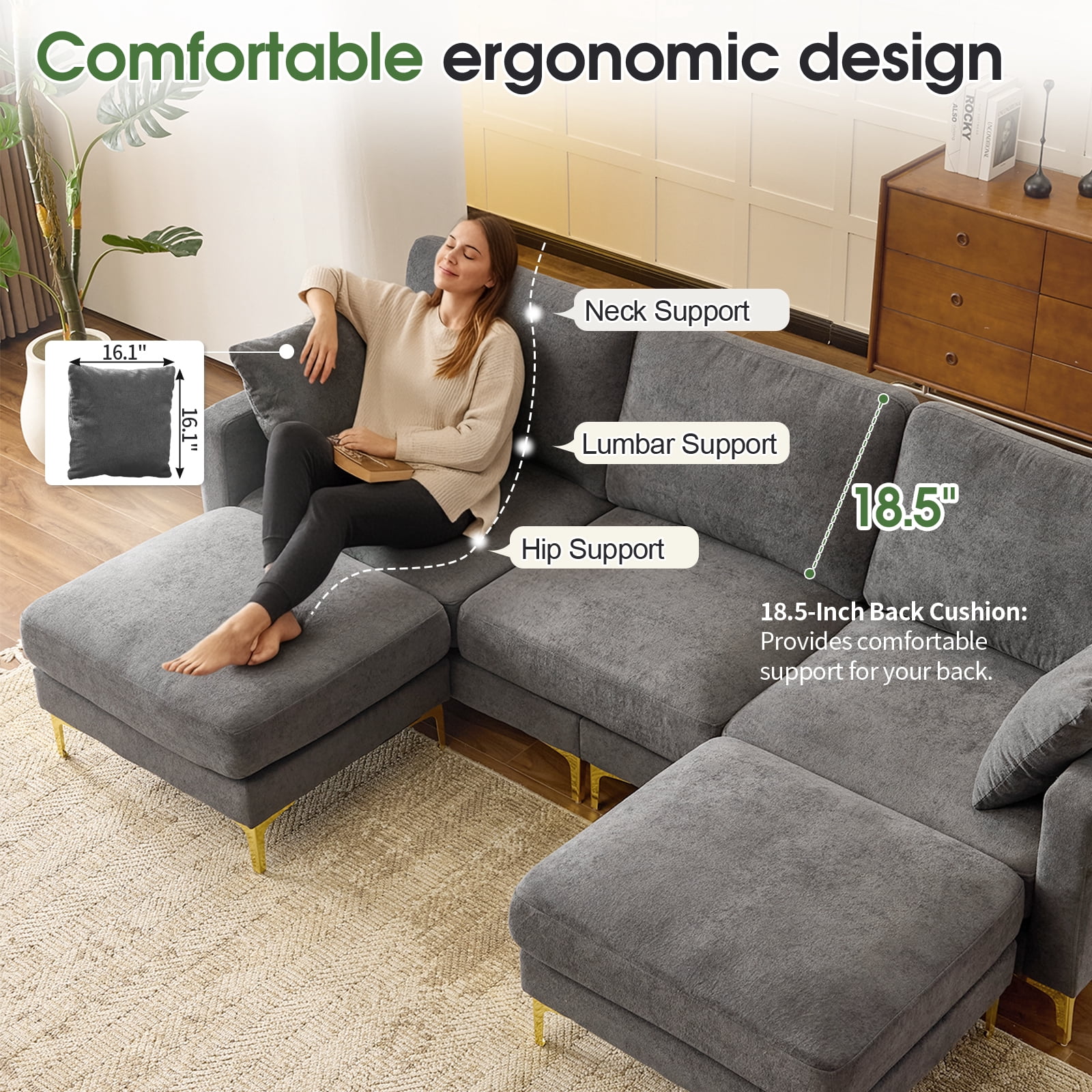 Ktaxon U-Shaped Sofa with 2 Removeable Ottoman Footrests, Flannel Deep Seating Couch for 3, Converts to Sleeper for Bedroom Living Room Furniture Dark Gray