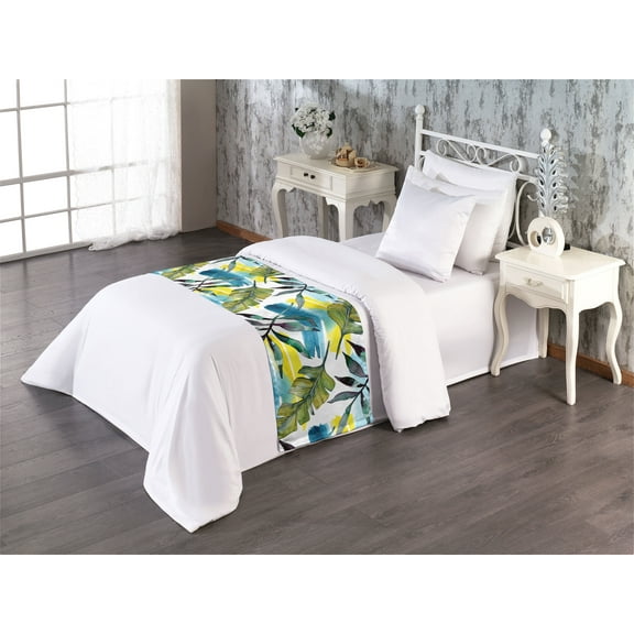 Leaf Print Bed Runner, Watercolor Leaves on Brushstrokes Modern Botanical Aquarelle, Decorative Accent Bedding Scarf for Hotels Homes & Guest Rooms, Twin, Fern Green and Multicolor, by Ambesonne