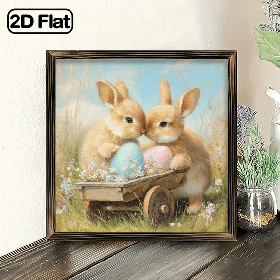 2D Flat - 1pc Rustic Vintage Wooden Easter Bunny Wall Art with Two Rabbits Floral Egg Basket - 8x8 Inch Spring Home Decor, Regenerated Wood Frame, Pastel Colors, Easy Hang IndoorOutdoor Decoration