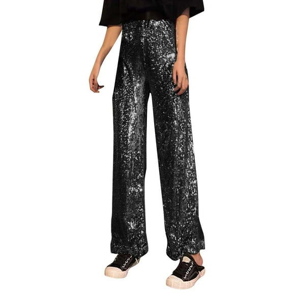 Women's High Waisted Casual Pants with Metallic Glitter Flowy A-Line Design for Everyday Comfortable Wear Elastic High Waisted Straight Leg Pull On Trousers