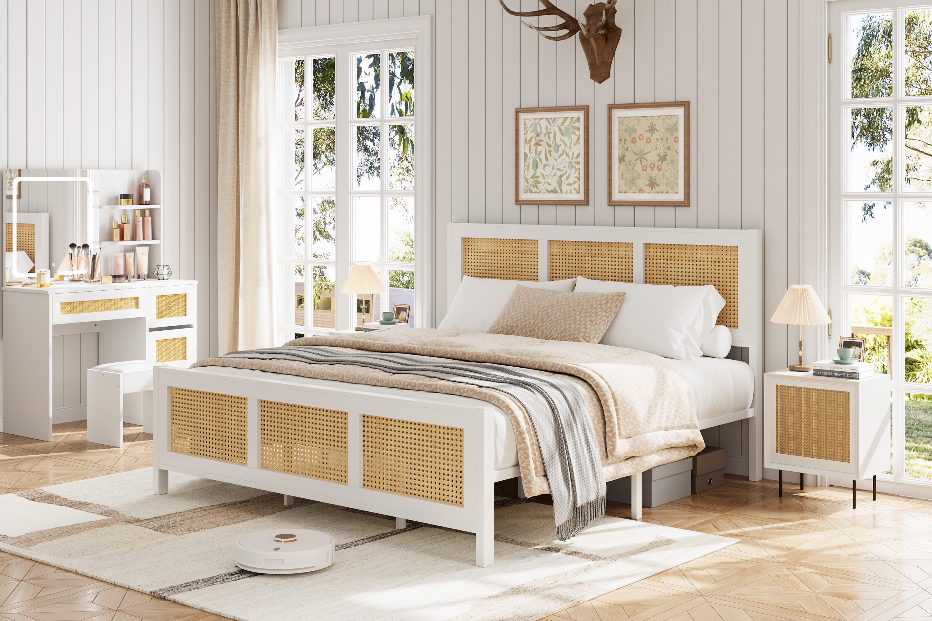 Queen Size Bed Frame with Headboard - Boho Rattan Platform Bed Frame with Reinforced Metal Slats | No Box Spring Required | Sturdy Noise-Free Design for Quiet Sleep | Easy Assembly Modern Bedroom Furn