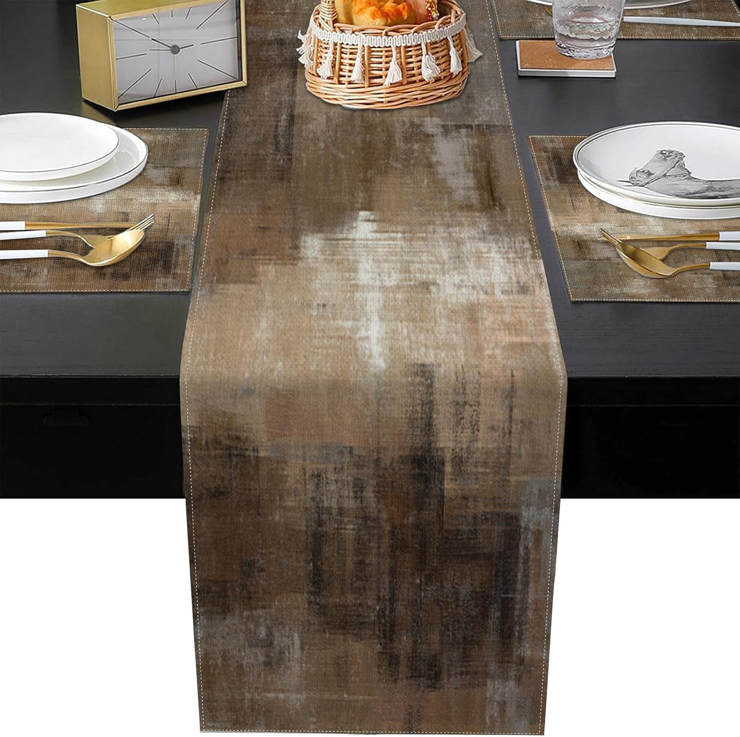 Vintage Brown Grey Table Runner and Placemats Set of 6, Modern Abstract Painting Art Dining Decor for Daily Use(1 Table Runner 72 inches Long and 6 Placemats)