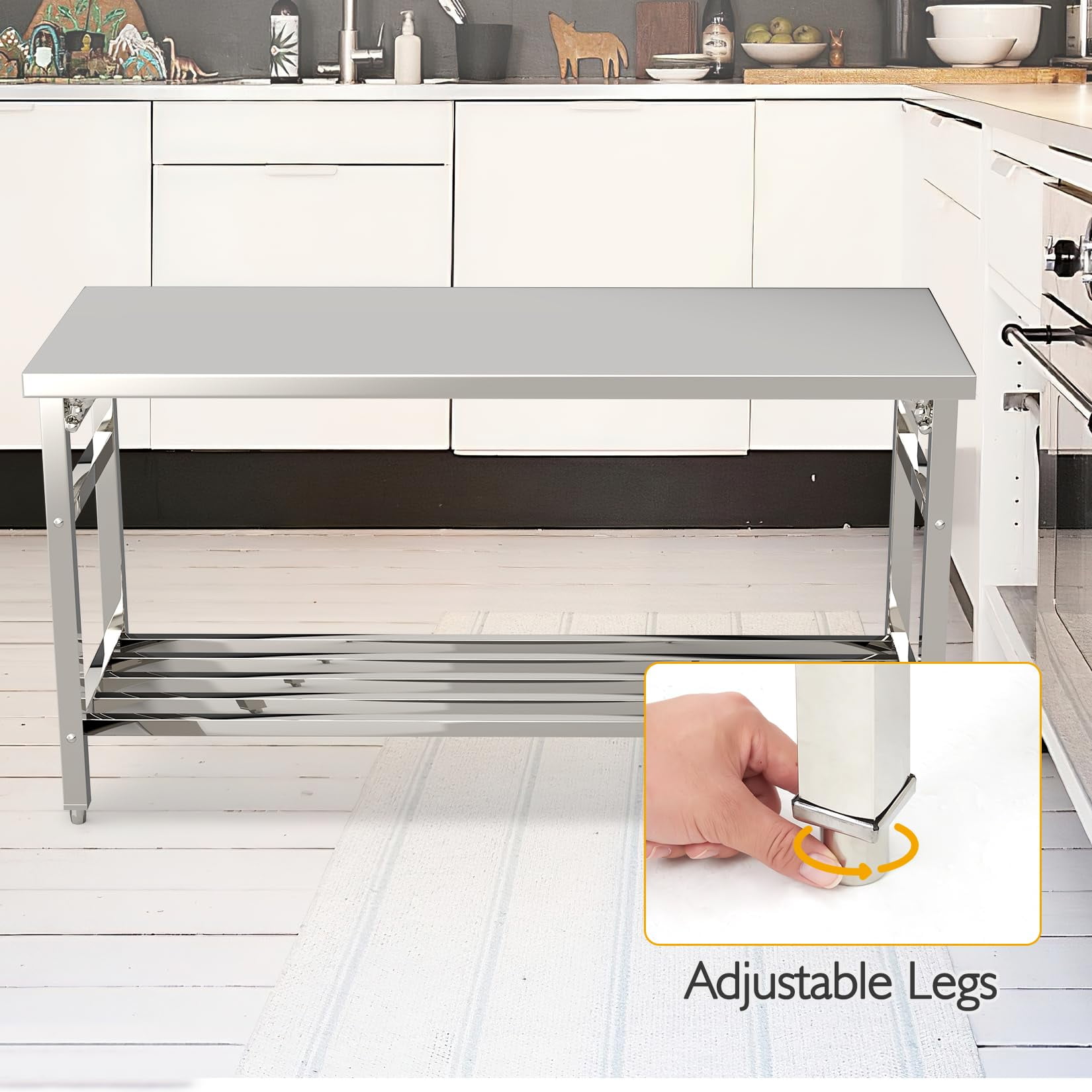 Mesa de acero inoxidable de 60 x 24 pulgadas, mesa de trabajo y preparación de metal NSF con estante inferior ajustable, para cocina comercial, restaurante, plata