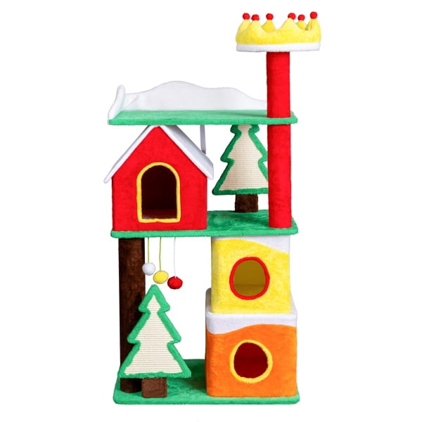 56in Christmas-Themed Plush Cat Tree, 3 Condos, Sisal Xmas Tree Scratching Ramps, Crown Perch, Hanging Balls, for Multi-Cat Households