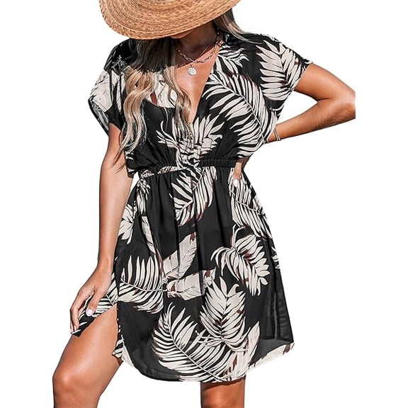 Women's Swimsuit Coverup Casual V Neck Beach Dress Short Sleeve Elastic Waist Swimwear Cover Ups 2025 Beachwear