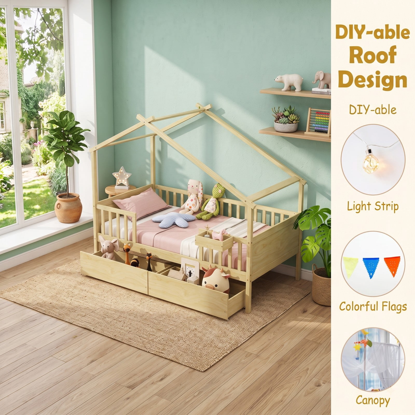 Furnibear Twin House Bed Frame with Storage Drawers, Montessori Floor Bed with Roof Frame and Fence Rails, Platform Bed Frame for Kids Room, Natural