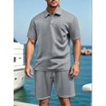 thumbnail image 5 of Men's Textured Short Sleeve Collared Shirt & Shorts Set Light Gray S, 5 of 7