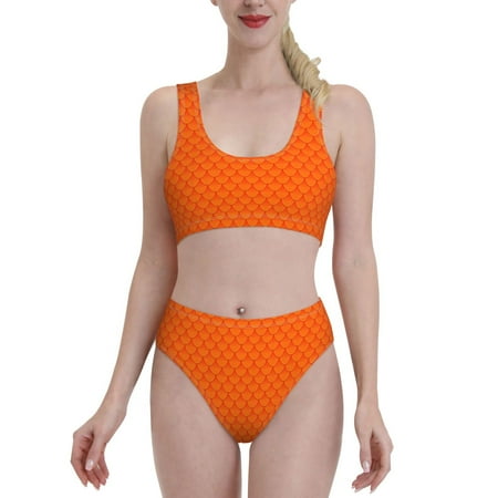 Bixox Orange Scales Pattern Two-Piece Sports Bikini with U-Shaped Top and High-Waist Bottom - Women s Swimwear with Removable Bra Pads