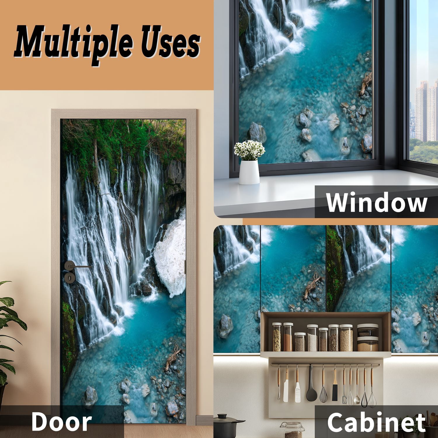 Self Adhesive Vinyl Refrigerator Wrap Set nature blue waterfall river summer Door Mural Removable Fridge Sticker Peel and Stick&nbsp;Full Door Cover Decal Kitchen Bar Decor