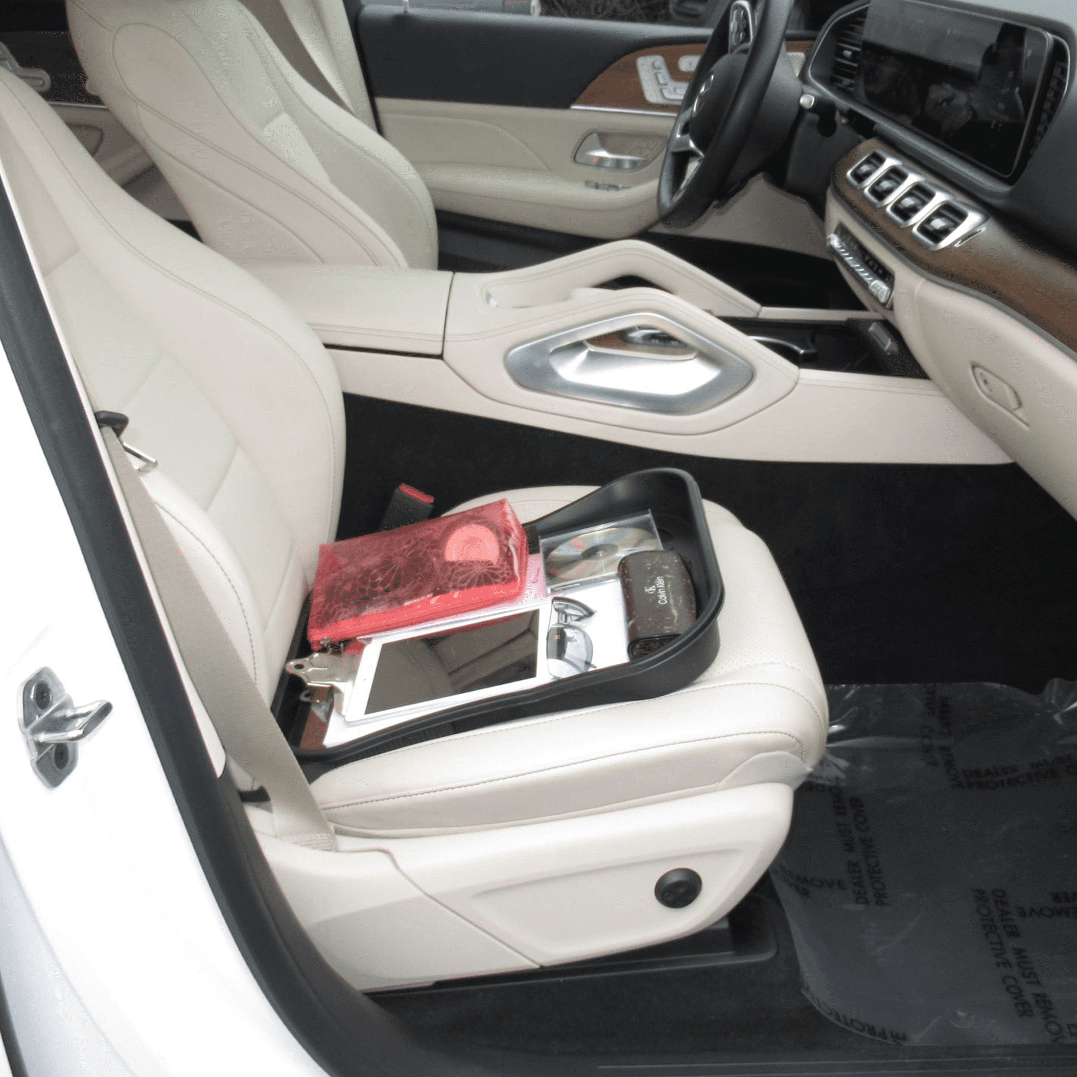 CarSeat Tray+, Clear 17" x 15" x 2.25" Front Seat Organizer For Storing Random Items.