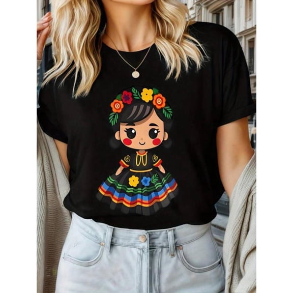 Cute Mexican - Themed Graphic Tee, Black Color, Tops Has Cartoon Mexican Girl in Traditional Dress Design, Round Neck Regular Fit T - shirts, Size(S - 5XL)