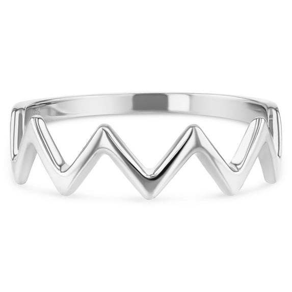 Ioka -14K Solid White Gold Zig Zag Modern and Trendy Lightening Thunder Shaped Crown Stackable Ring Band - size 9