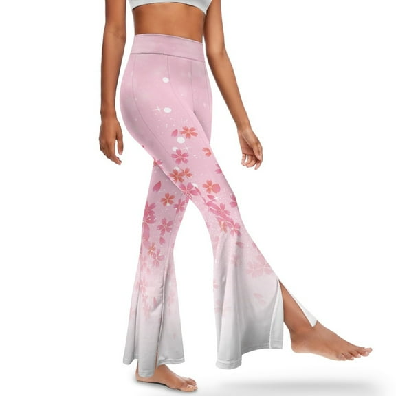 Xoenoiee Women Flare Leggings Flared Yoga Pants Tummy Control High-Waisted Workout Pants Butt Lifting Gym Leggings for Yoga, Casual, Party, Outdoors, 2XL, Cherry Blossoms Pink-White Gradient