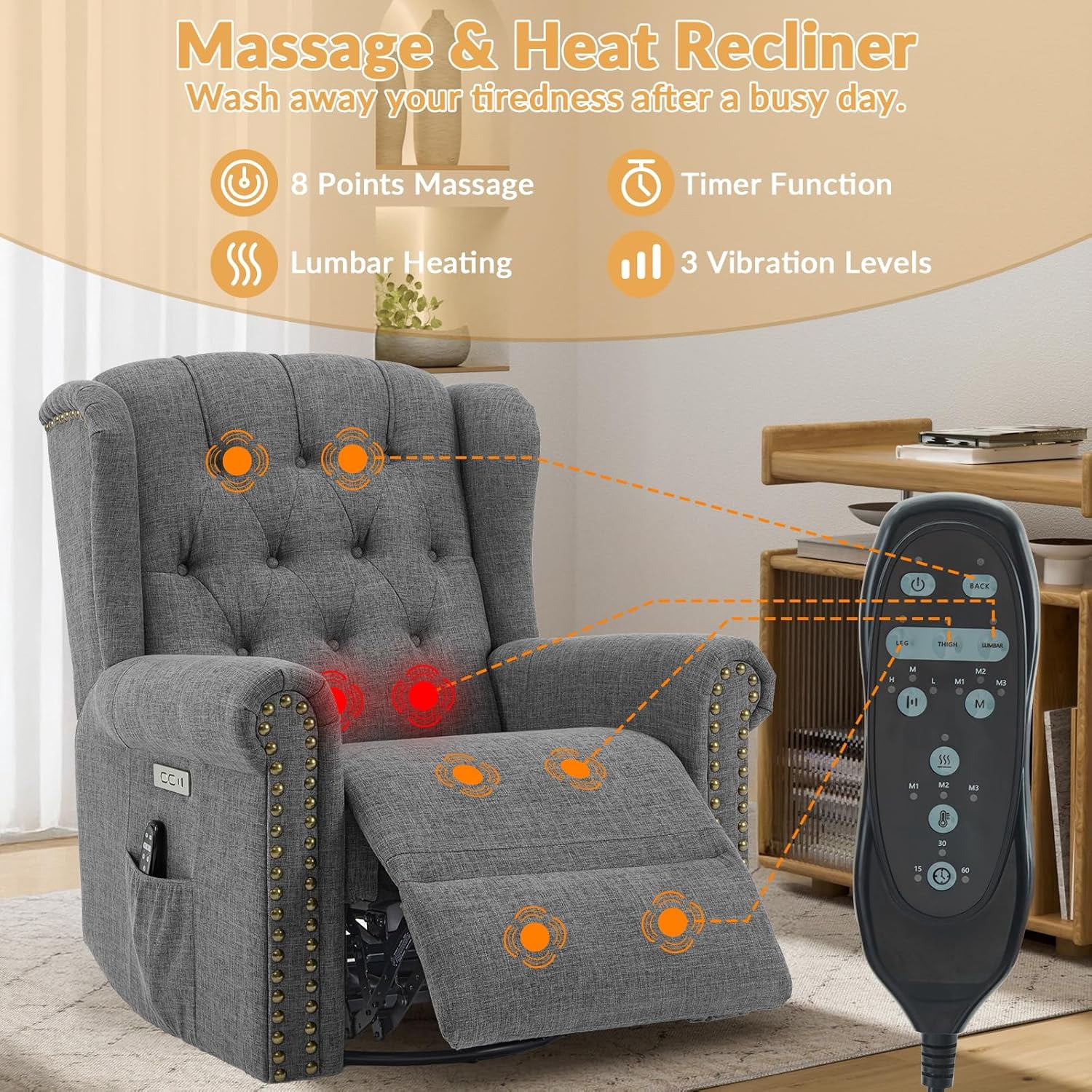 Power Swivel Rocking Glider Recliner Chair, Electric Nursery Reclining Sofa Chair with Heat and Massage, Wingback Tufted Upholstered Recliner for Living Room, USB and Type-C Ports, Grey