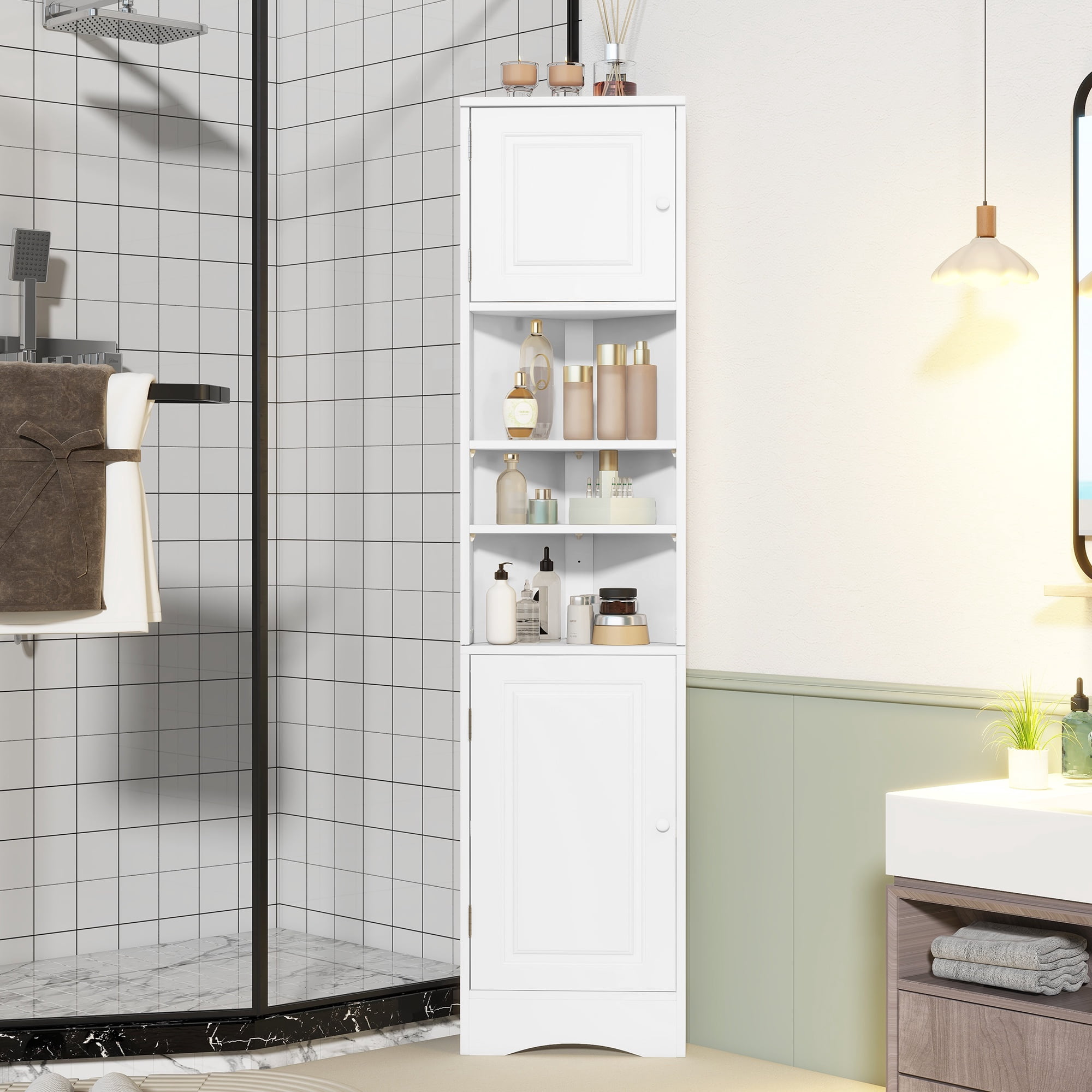 PORKISS 66.9" Tall Corner Cabinet with 2 Barn Doors, 6 Tier Bookcase Storage Cabinet with Adjustable Shelves, Corner Storage Cabinet for Bathroom, Living Room, Kitchen, White