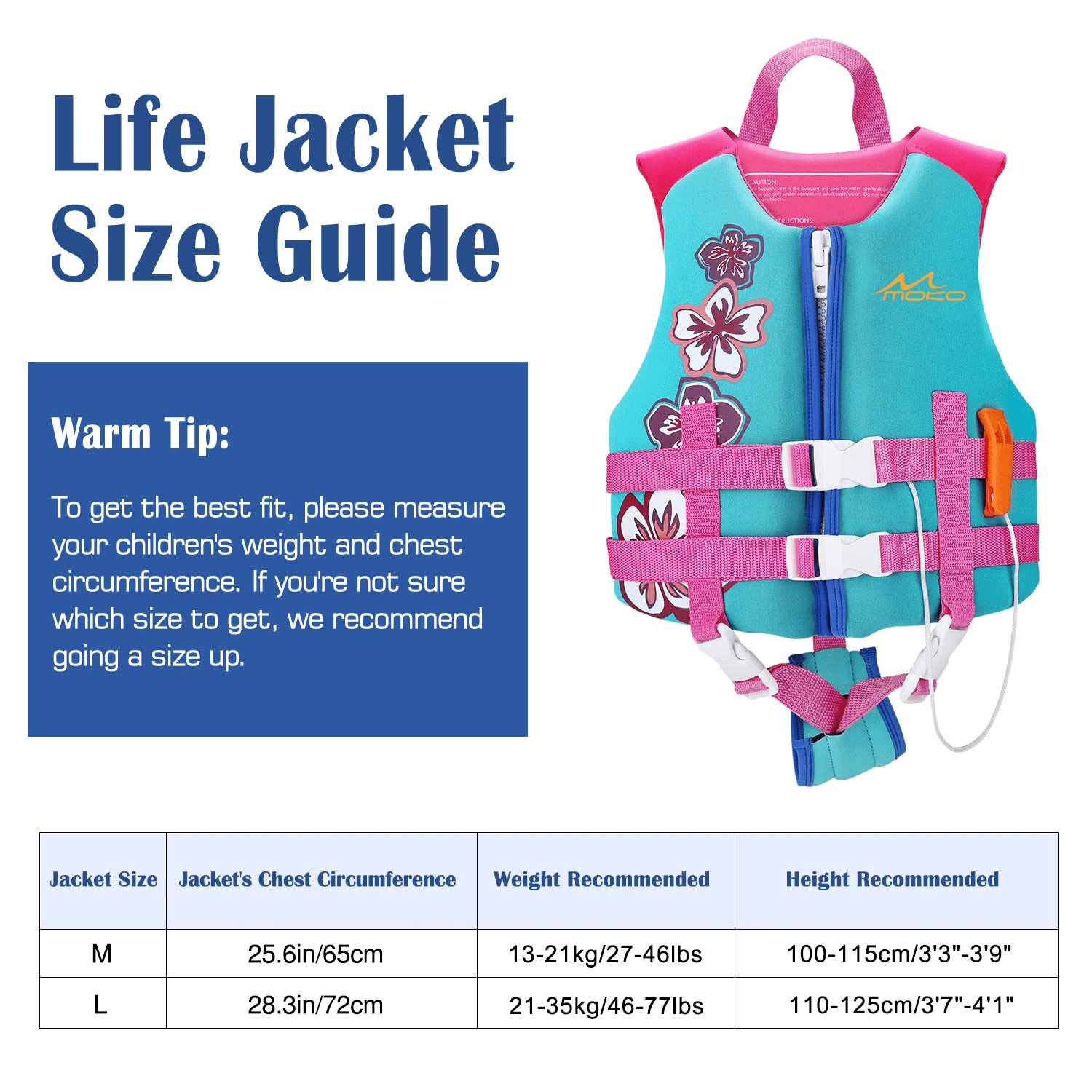 MoKo Kids Swim Vest for Boys Girls, Swimming Float Jacket Swimsuit Buoyancy Swimwear for 46-77 lbs,L Size,Blue