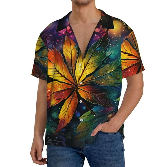 Men Hawaiian Shirts Short Sleeve Button Down Summer Beach , Weed Psychedelic Leaves Starry Art