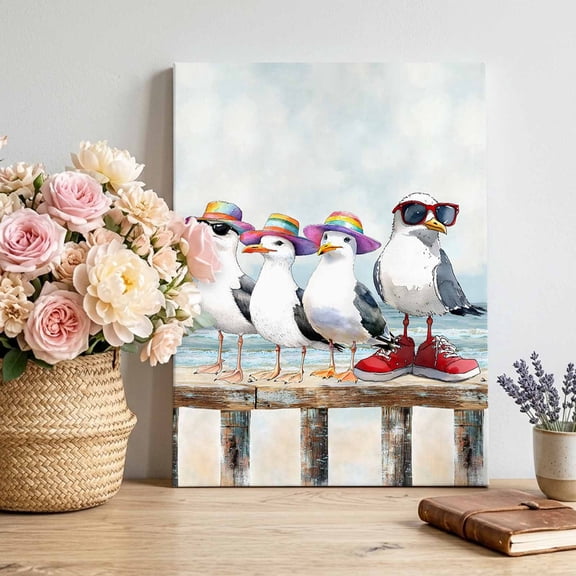 Canvas Wall Art Beach Seagull Canvas Art Print Nautical Watercolor Ocean Seagull with Sunglasses Sneakers Pictures Wall Decor for Living Room Artwork Decorations Framed Ready to Hang 12"x16"