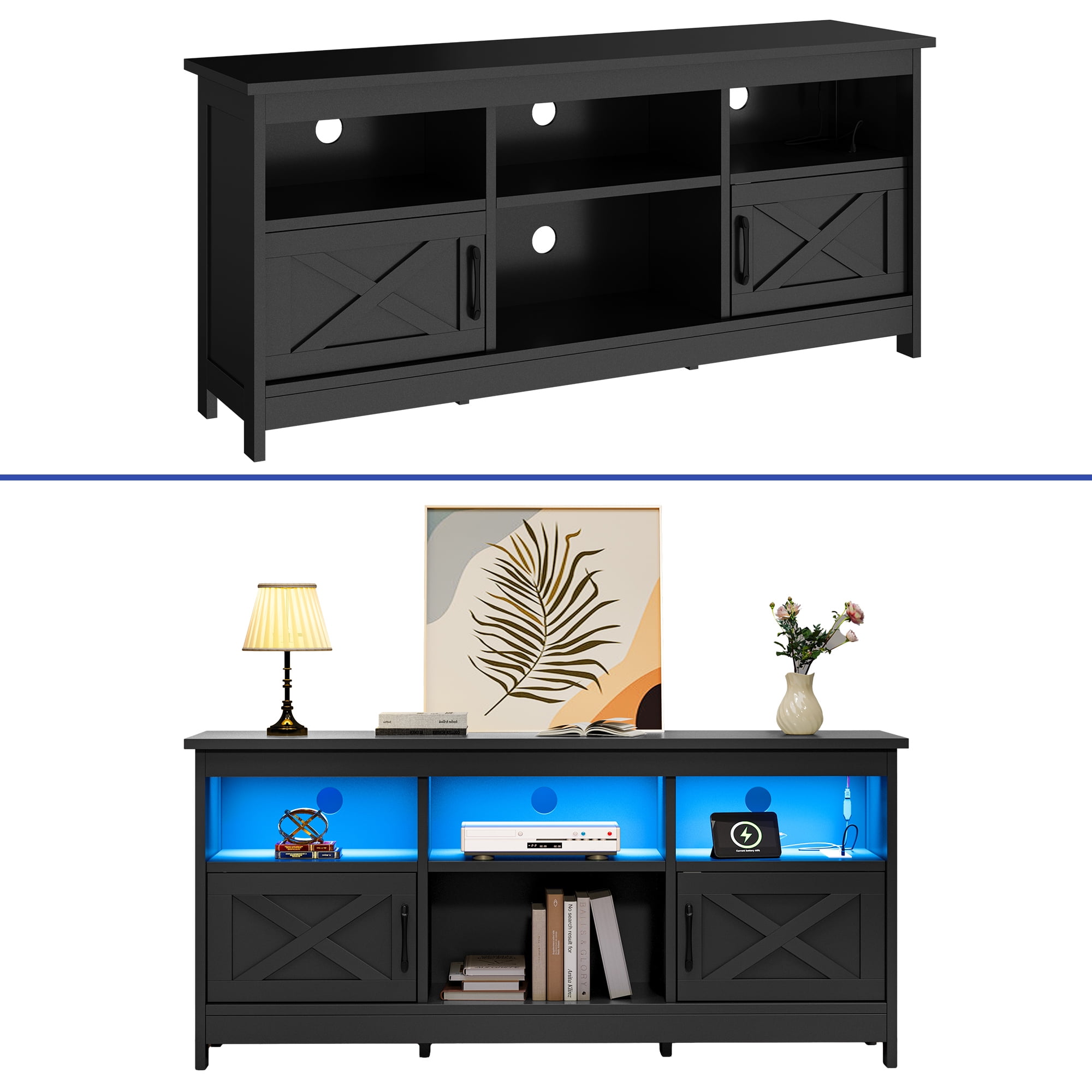 Uforic Farmhouse 59'' TV Stand with Storage Cabinets for Living Room, Bedroom, Black