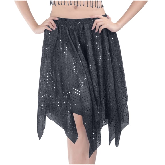 JGGSPWM Women's Sequin Skirts Stretch High Waist Asymmetrical Ruffle Mini Short Skirt Soft Swing Flowy Half Body Skirt Black Free Size