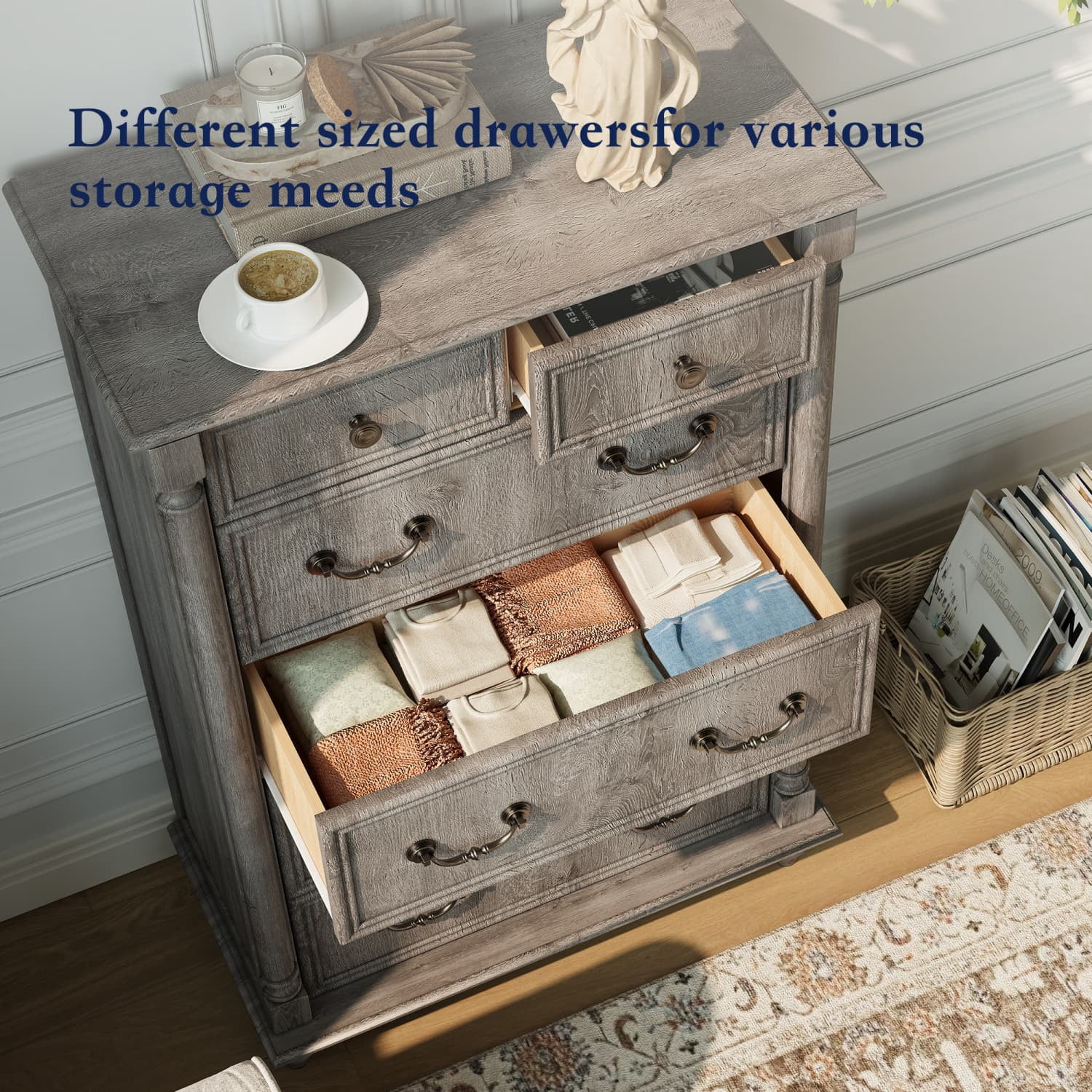 OKD Farmhouse 6 Drawers Dresser Chests for Bedroom, Wood Chest of Drawers Storage Cabinet Dresser Organizer for  Living Room ,Light Rustic Oak