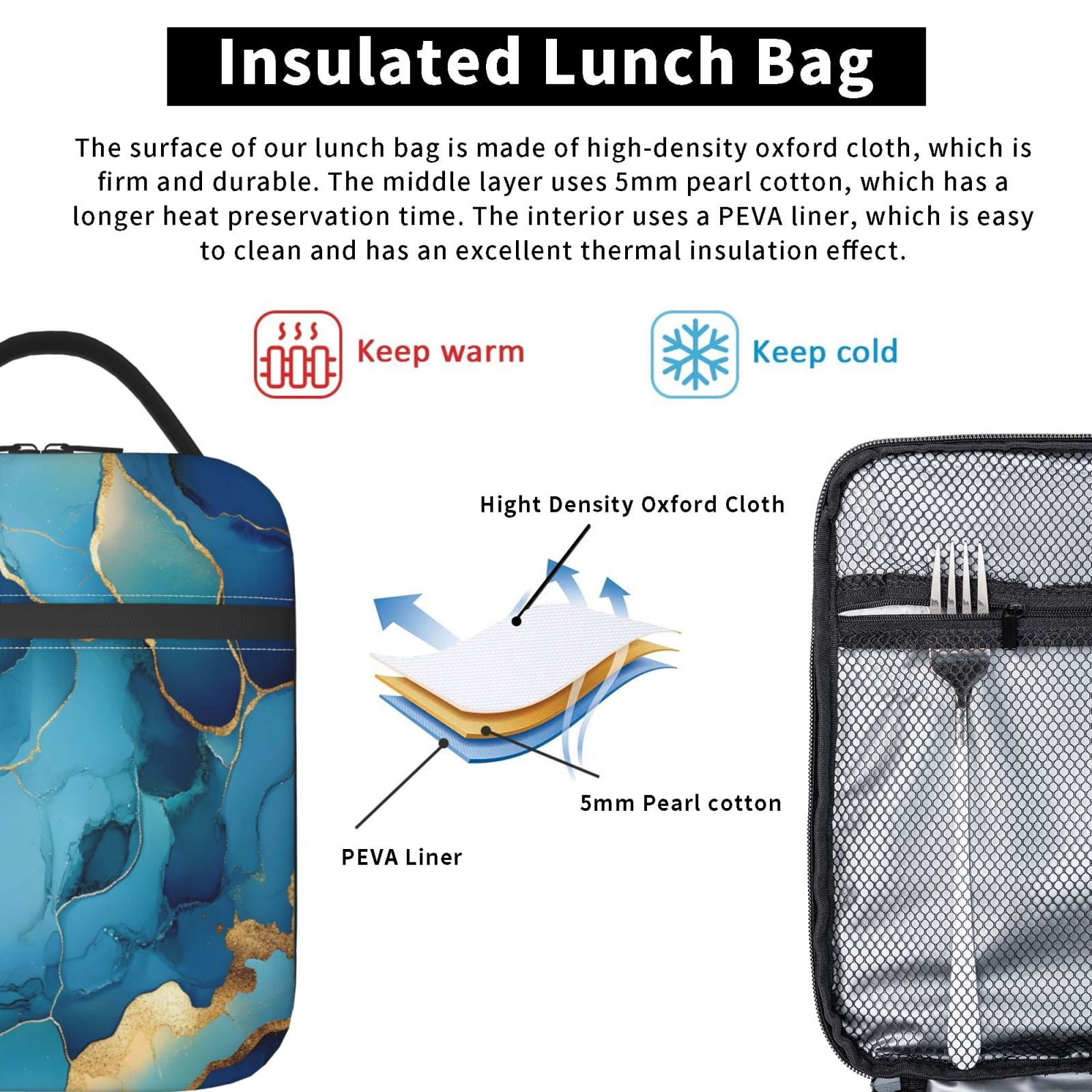 Lunch Bag For Women Men Insulated Portable Lunch Box Bento Box Office Picnic Travel Cooler Bag Blue And Gold Marble