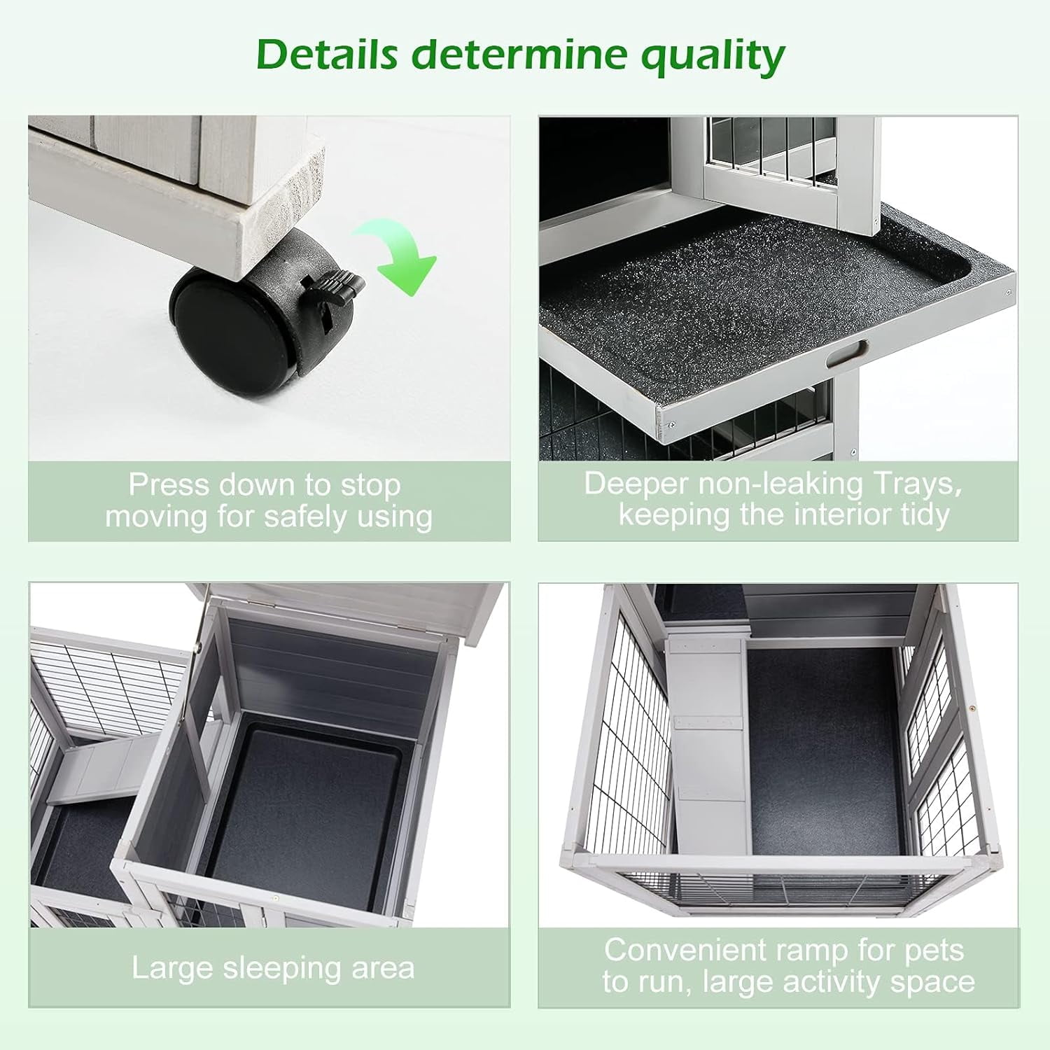 Esright Rabbit Hutch Pet House for Small Animals 37 inches Guinea Pig Cages with Run Bunny House Indoor Rabbit Cage with 4 Casters Removable No Leak Trays & Ladder